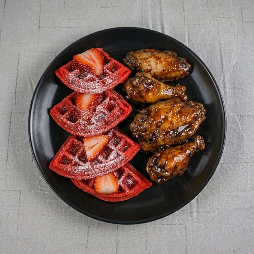 Chicken & Red Velvet Waffles.