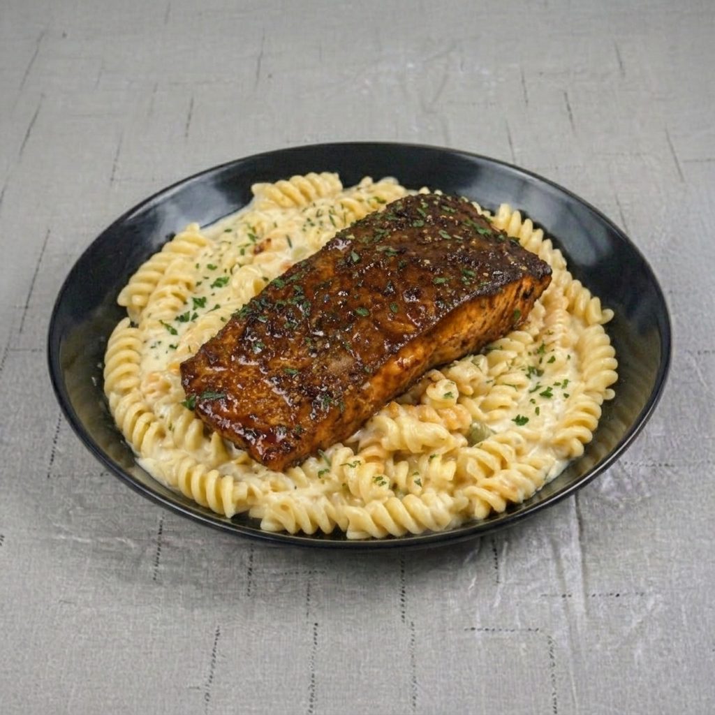 Alfredo Jerk Salmon Pasta.